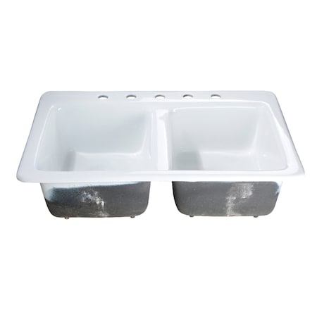 Gourmetier GT33229D5 33-Inch Cast Iron Double Bowl Drop-In Kitchen Sink, 5-Hole, White GT33229D5